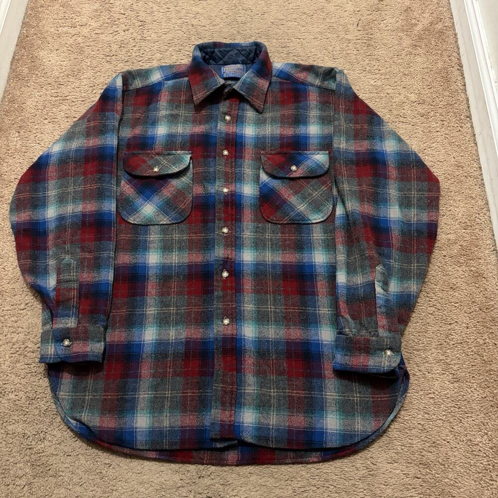 Vintage Pendleton Virgin Wool Board Shirt Red Blue Gray Plaid Men's Large